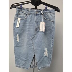 NWT Inandout Jeans Distressed Midi Denim Skirt Front Slit Y2K Womens 5/27